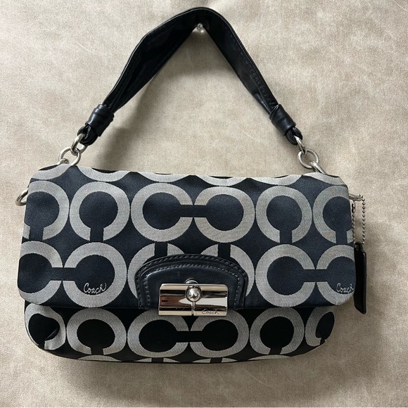 Coach Black Kristin Op Art Signature Flap Sateen Leather Shoulder Bag - Picture 1 of 11